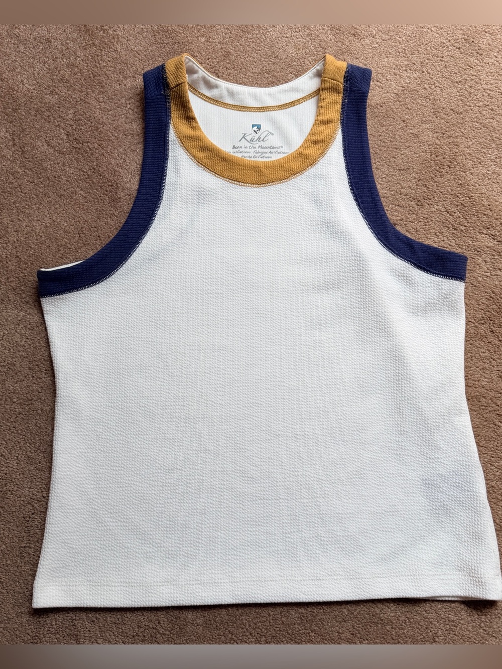 Kuhl White Tank with Navy Armholes and Mustard Neckline